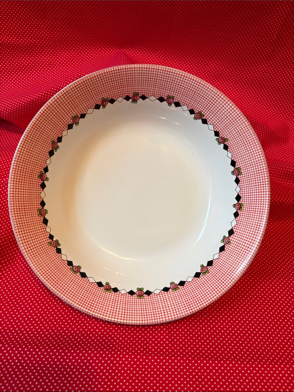 Mary Engelbreit Sakura Pink Gingham Rim Ceramic Serving Bowl with Floral Border